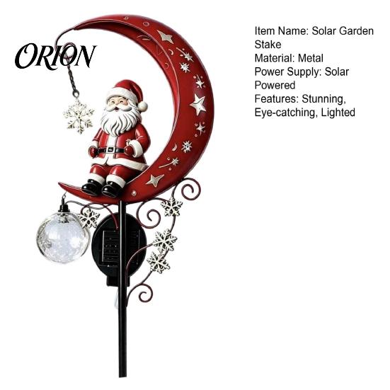 Retro Style Garden Art 31 Inch Solar-Powered Christmas Stake Light, Santa Claus On A Moon LED Pathway Waterproof Metal Path Light with Snowflake