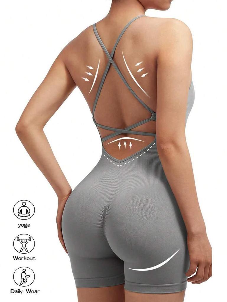 Seamless Peach Butt Yoga Bodysuit with Spaghetti Straps and Open Back
