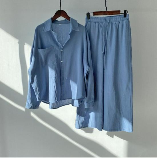 

Vintage Plus Size Women s 2-Piece Set: High Waist Loose Pants & Shirt, 2025 Collection M синий