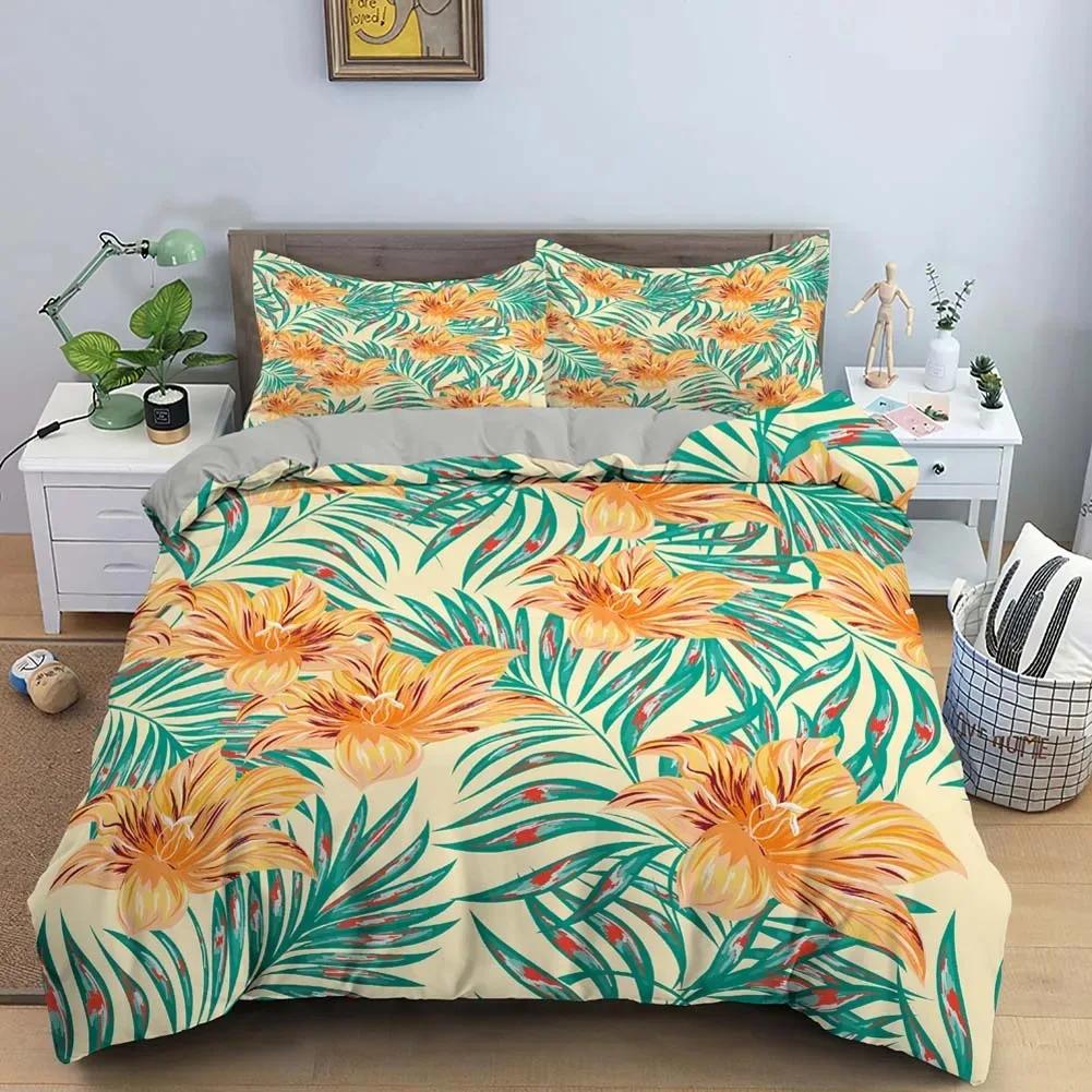 Tropical Flower Leaf Duvet Cover King Queen Colorful Vintage Floral Bedding Set for Adults Women Boho Polyester Comforter Cover