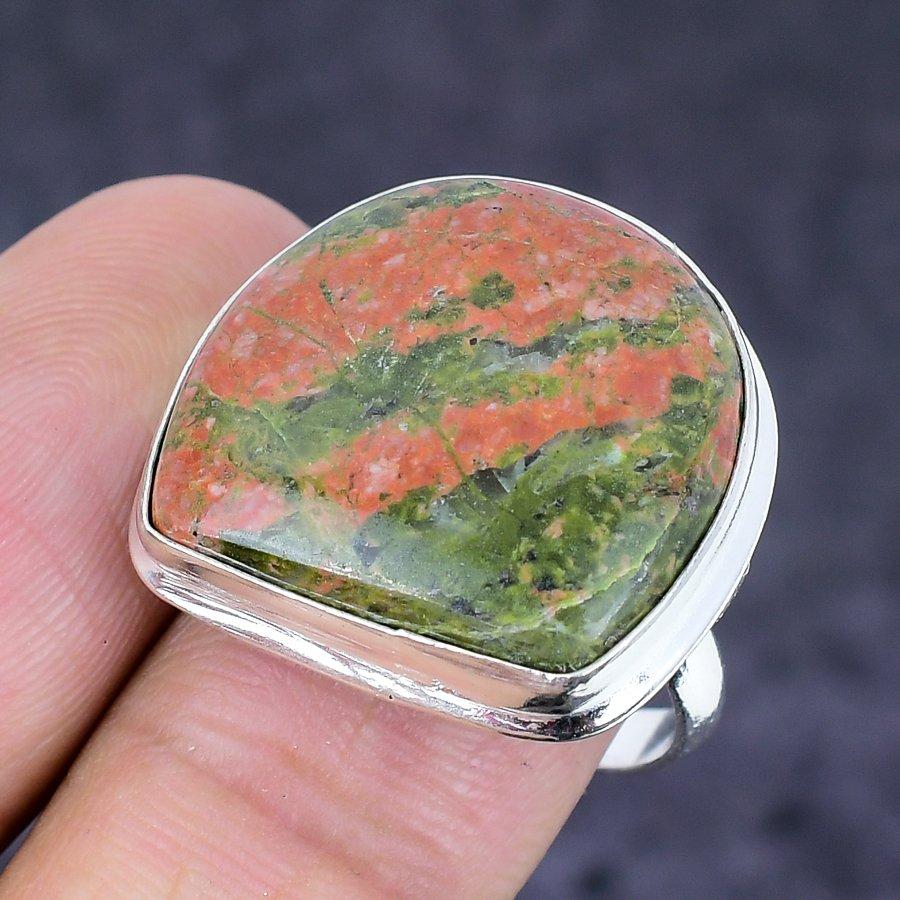 Natural Unakite Gemstone Handmade 925 Sterling Silver Jewelry Ring Size 9 m8E55