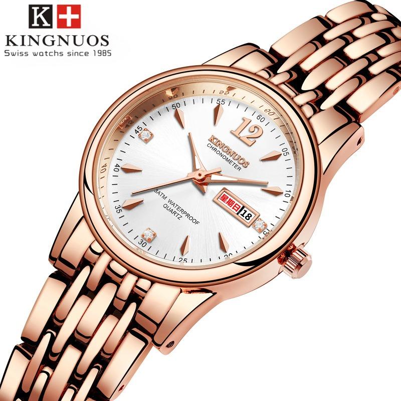 

KINGNUOS Простые модные маленькие свежие повседневные кварцевые часы со стальным ремнем, мужские часы с двойным календарем, светящиеся водонепроницаемые часы