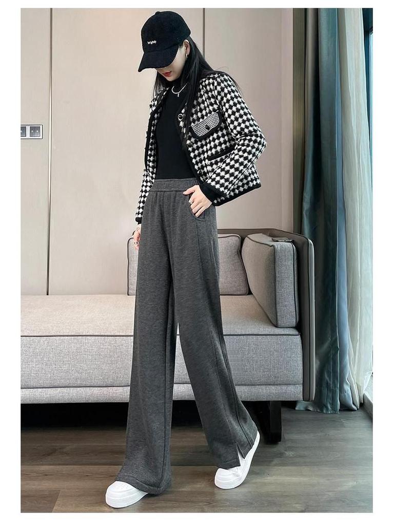 2026 Autumn/Winter Women's High-Waisted Herringbone Wide-Leg Pants with Plus Velvet and Slit, Slim Straight-Leg Design