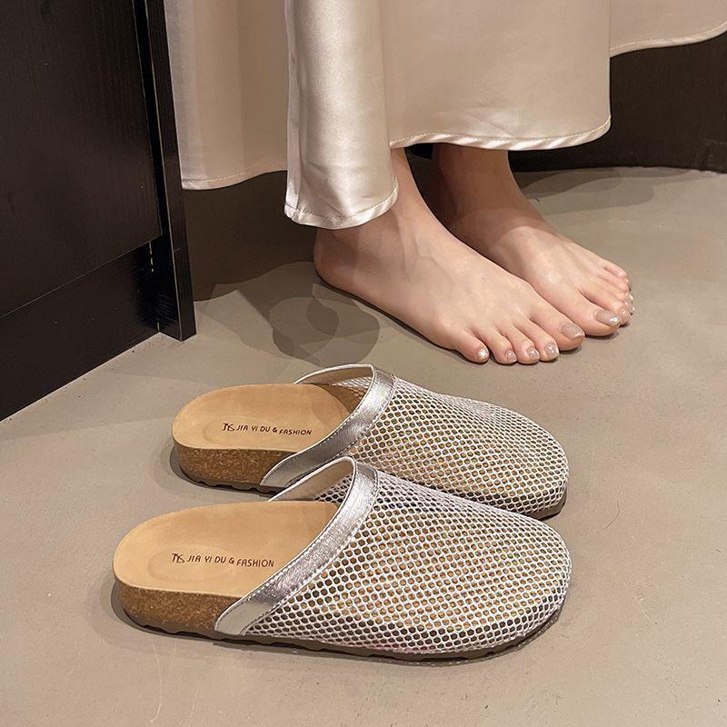Non-slip flat-bottomed cool slippers 2025 summer new retro woven hollow and breathable outer bag head slippers
