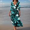 Women's Vintage Print Tunic Waisted Midi Dress Summer Casual 3/4 Sleeve Dress Dress