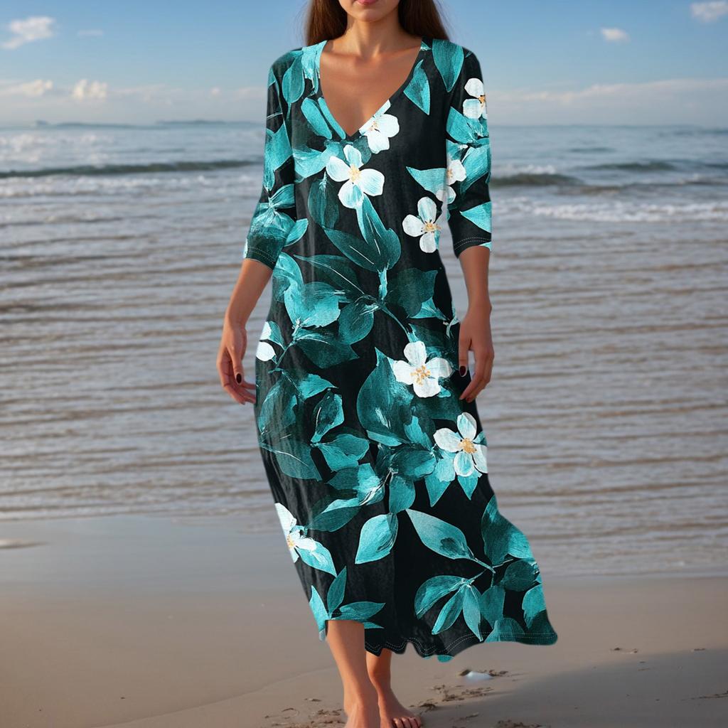 Women's Vintage Print Tunic Waisted Midi Dress Summer Casual 3/4 Sleeve Dress Dress