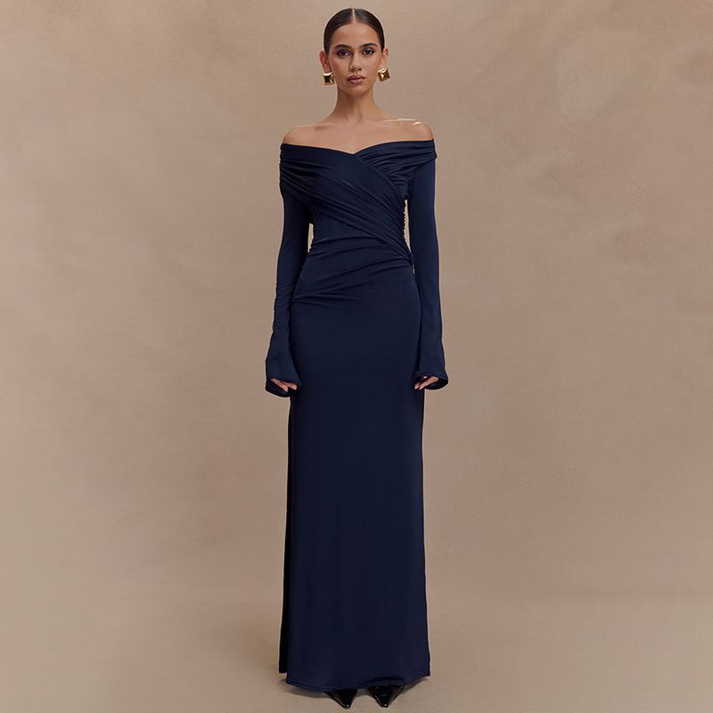 

2025 Cross-Border Fashion Hot Selling Women s Wear Elegant Long Sleeve Dress Fashion Sexy V-neck Pleated Silm Dress Women Navy S