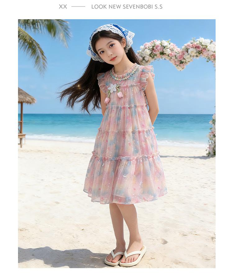 Girls' Summer Tank Top Skirt 2026 New Style Children's Sweet Little Girl Seaside Sprinkle Silver Flower Flying Sleeve Dress