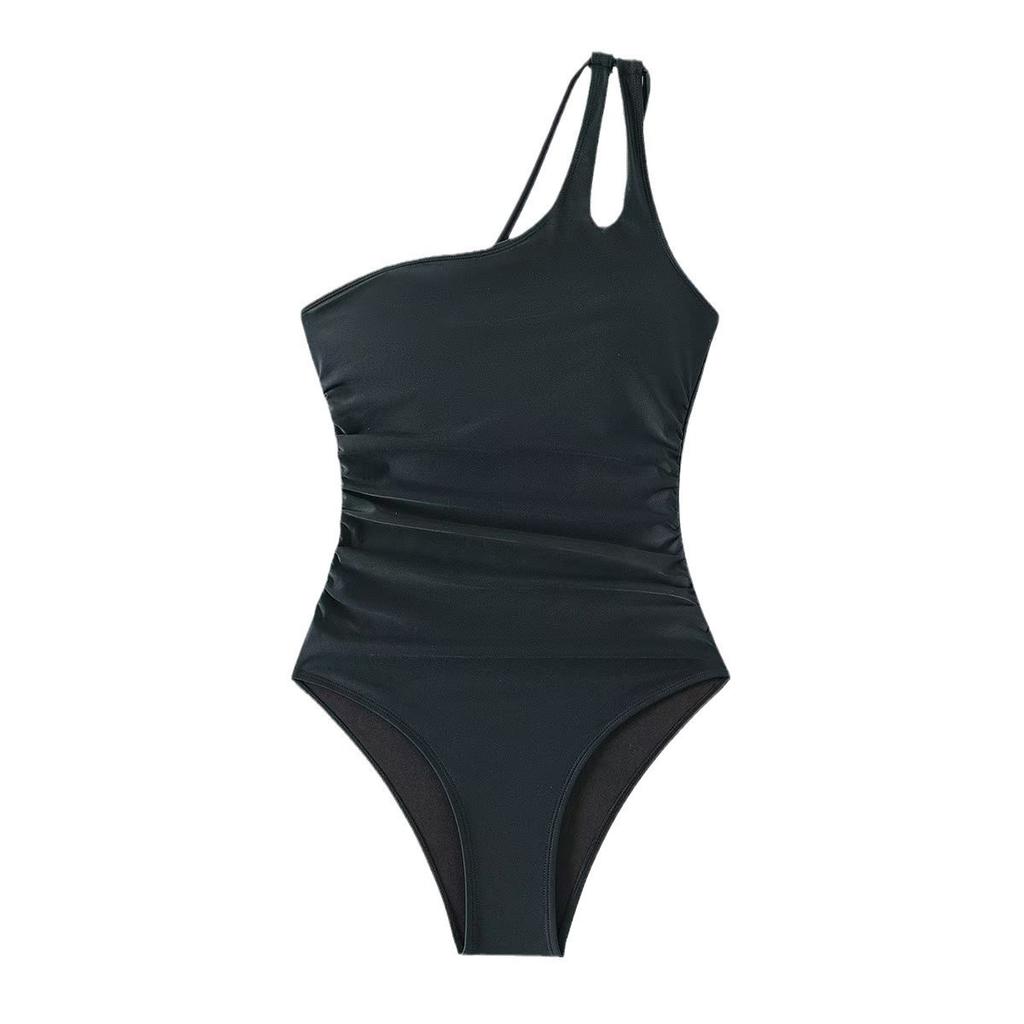 New Women's One-Piece Swimsuit Pure Color Single Shoulder Tight-Fitting Cross-Border New Style Popular Integrated Swimsuit