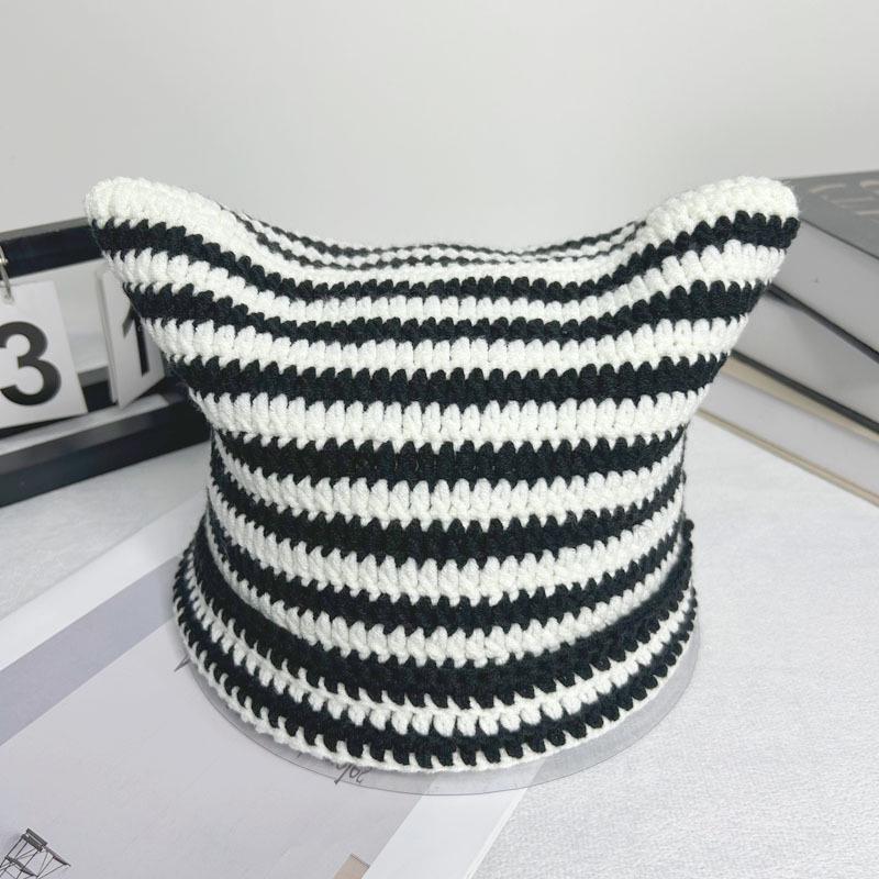 Autumn-Winter Striped Woolen Hat with Cute Cat Ears - Fashionable, Versatile Devil Design.