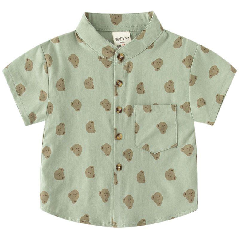 K-style Children's Clothing Kids Stand Collar Short Sleeve Shirt Boys Bear Printed Shirt Summer Baby V Neck Half Sleeve Tops
