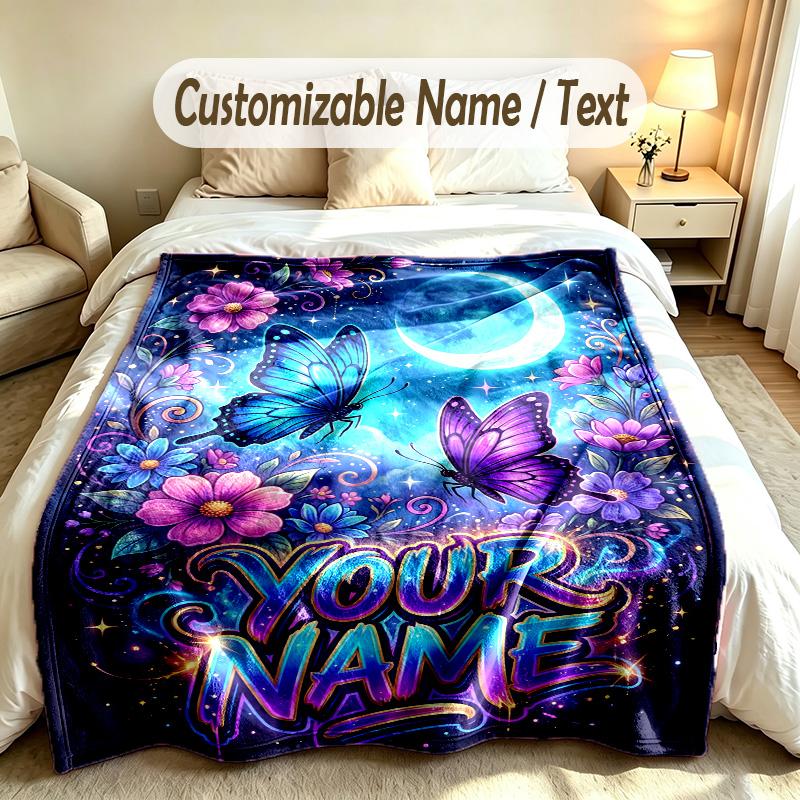 Butterfly Theme Soft Blanket Personalized Custom Name Text Print Warm Blanket Home Sofa Bedroom Decor