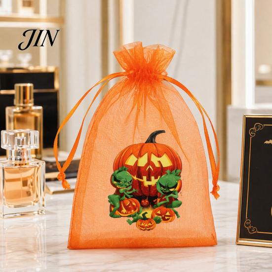 Halloween Candy Bag 12 Pcs Organza Bag, Drawstring Treat Pouch with Pumpkin Ghost Bat Party Favor Print, Sheer for Snacks, Trick or Gift Packaging
