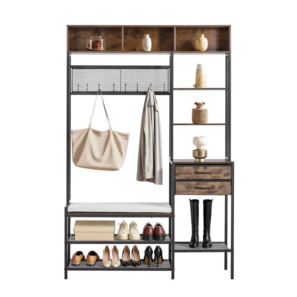Hall Tree, 1800 mm Coat Rack with Shoe Bench & 2 Drawers, 3-in-1 Freestanding Shoe Rack Storage Organizer with Bookshelf & Wire Shelf, Steel Frame