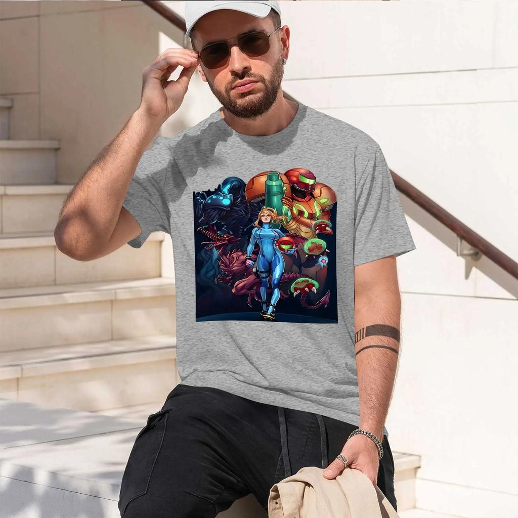 Virginia Aran Metroid Samus Returns 2026 fashion heavyweight hot selling retro printed pattern fun round neck T-shirt for da