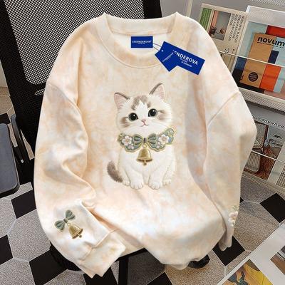 Pure Cotton Cute Loose Slimming Tie-dyed Round Neck Sweatshirt for Women Autumn Winter Unisex Style Top