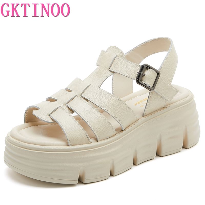 Fashion GKTINOO 6cm New Women Sandals Buckle Slides Cow Genuine Leather Summer Fashion Platform Wedge Luxury Females Comfy Ladies Shoes