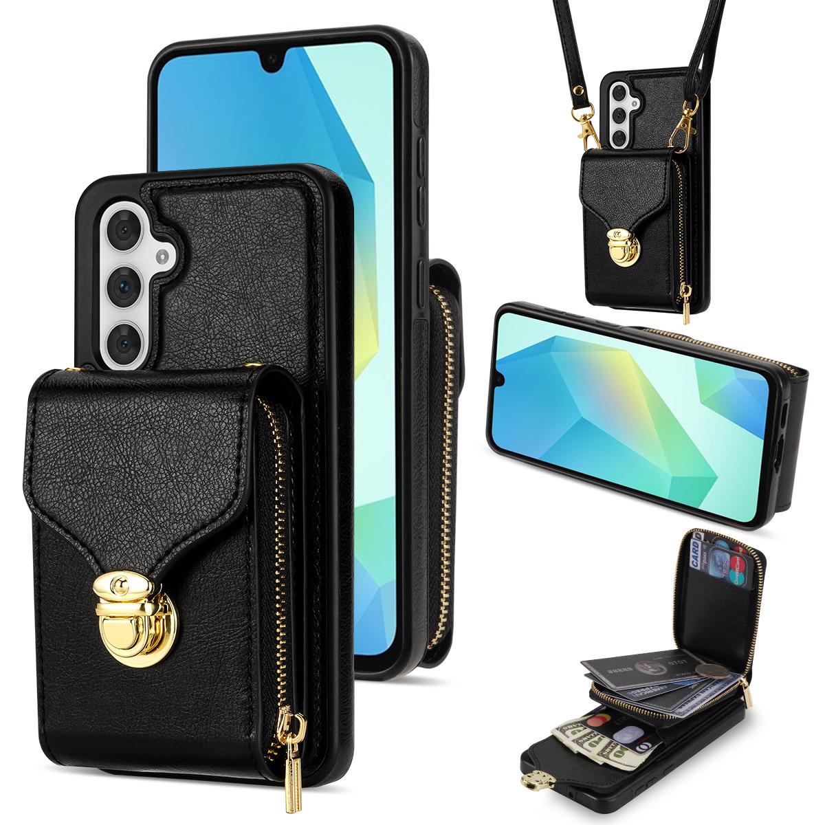 

For Samsung Galaxy A16 5G/4G Case Zipper Wallet Leather+TPU Phone Cover with Strap A