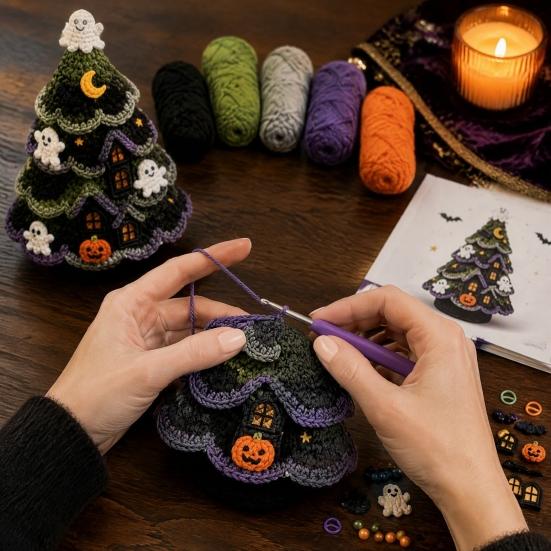 Zestaw Startowy Szydełkowania dla Początkujących, Zestaw Drzewko Halloweenowe, Rękodzieło z Przędzy DIY z Szydełkami i Instrukcją, Czarny Kot i Księżyc, Kreatywne Ręcznie Robione Akcesoria do Dziania