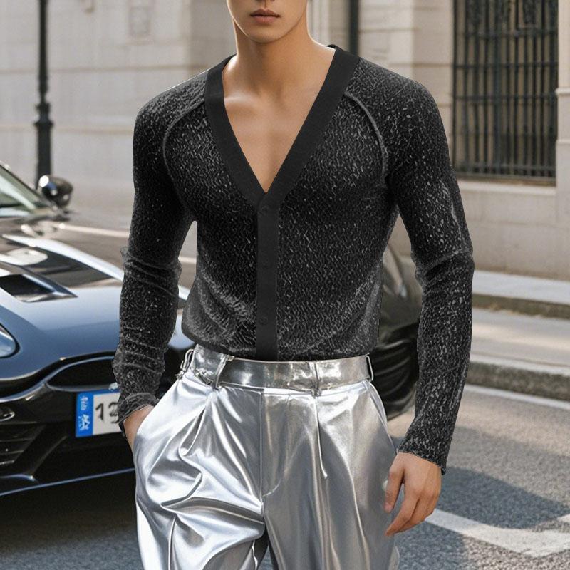 

INCERUN Мужские топы с V-образным вырезом и длинными рукавами с блестками Футболки для вечеринок Тонкие майки 3XL чёрный