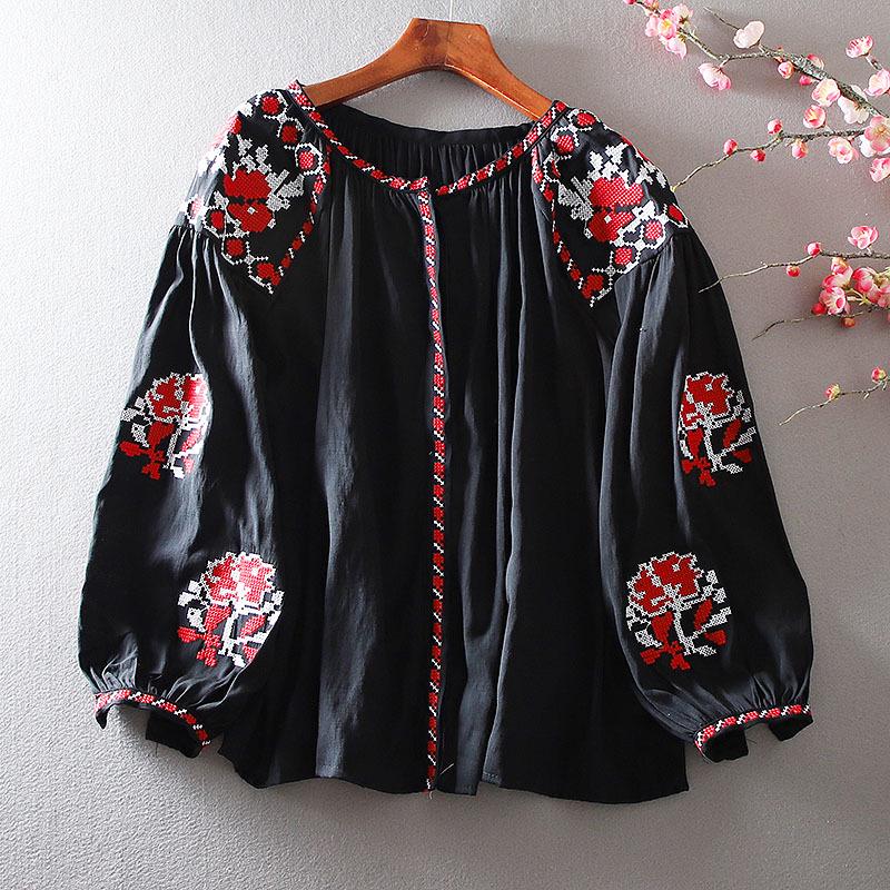 Ethnic Style Embroidered Lantern Sleeve Plus Size Cotton Linen Shirt