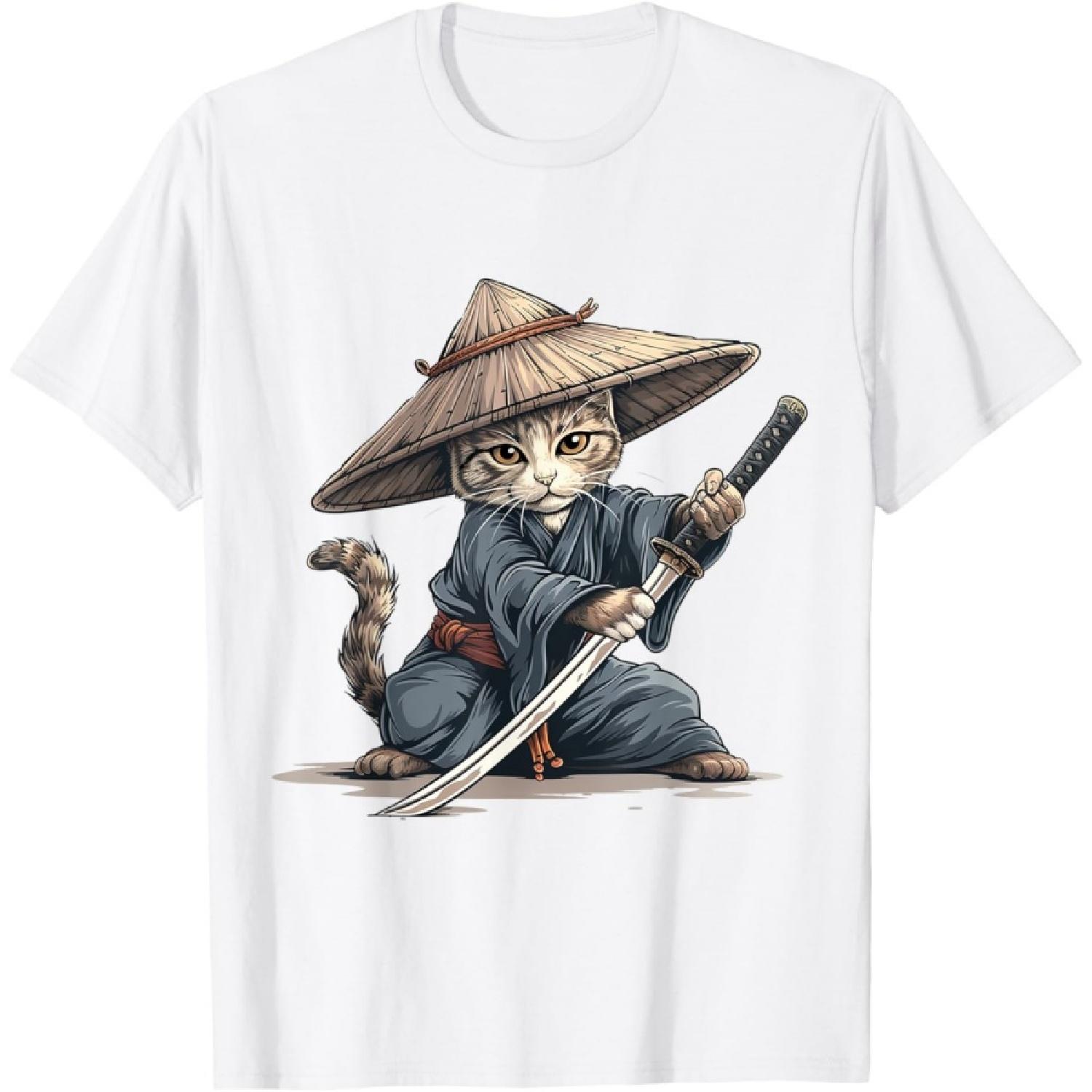 Japanese Art Cat Ninja Ukiyo-e Anime Style Samurai Cat Men Women Girls Kids T-Shirt S