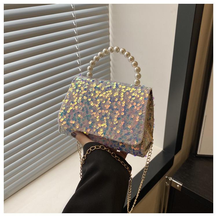 Stylish Sequined Handheld Small Square Bag 2024 Trendy Chain Shoulder Bag For Casual Use
