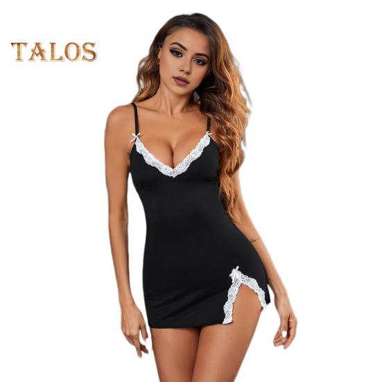 

2 шт./комплект, женская летняя ночная рубашка, трусики, комплект, бретельки на бретельках, без рукавов, бант, кружевной декор, V-образный вырез, разрез, подол, ночная рубашка, женская ночная рубашка XL чёрный