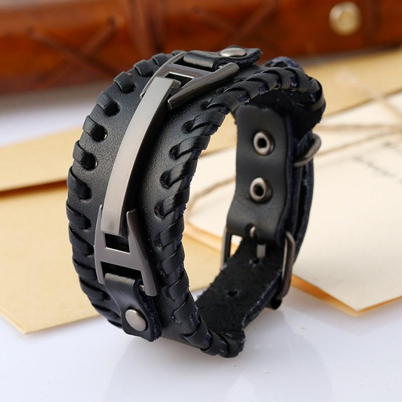 Mens Vintage Leather Bracelet With Metal Woven Band Wide Cuff Style Retro Handcrafted Jewelry Accessory