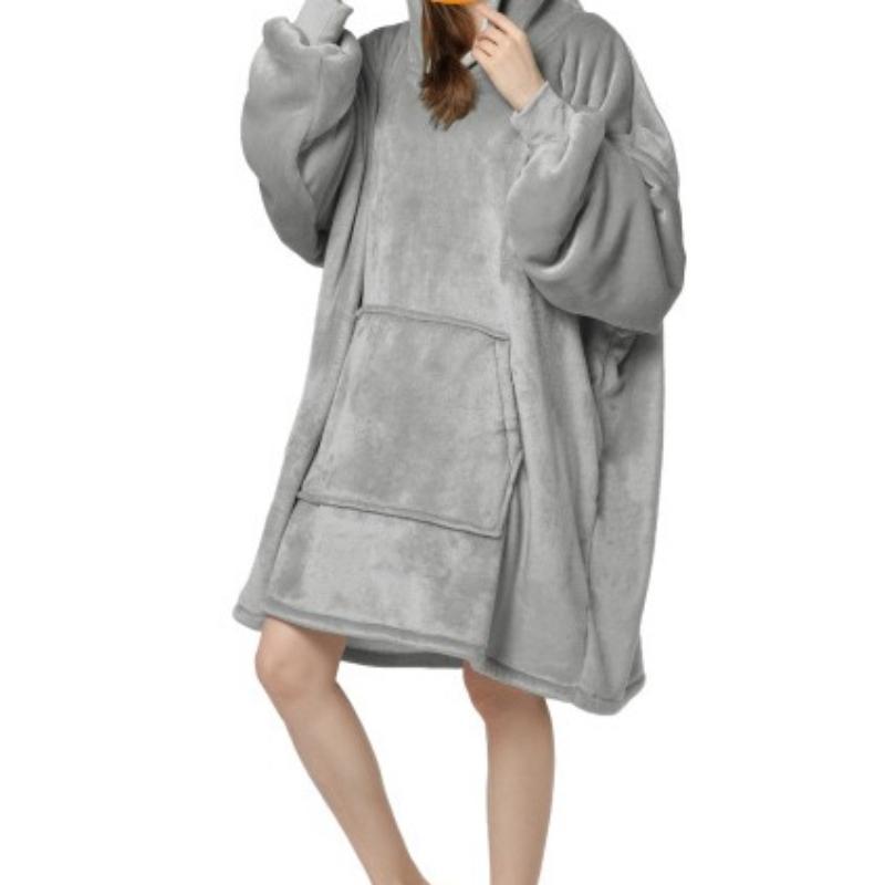 

Мягкая двусторонняя носимая толстовка-одеяло пижама - Удобное одеяло с капюшоном большого размера с карманами-кенгуру светло-серый