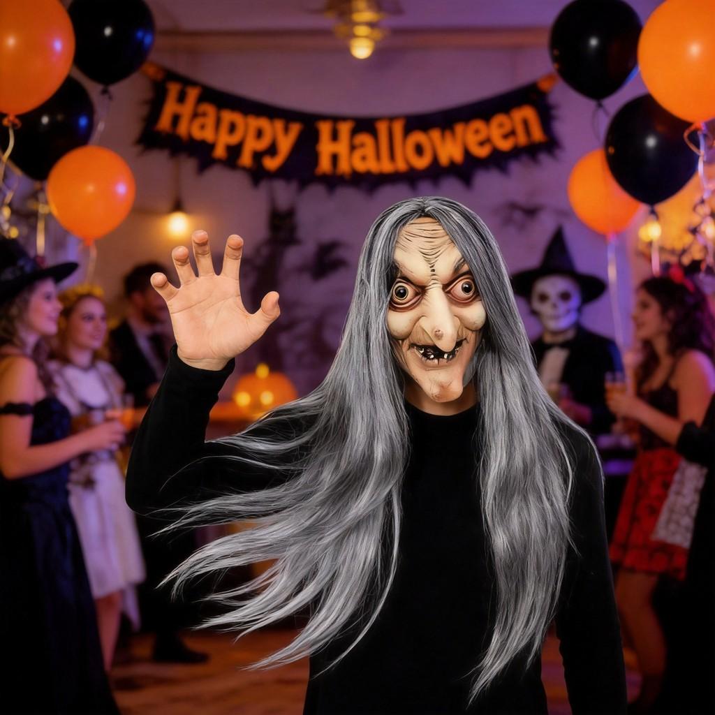 Horror-Hexe Latexmaske für Halloween-Party-Kostüm und Geisterhaus-Dekoration