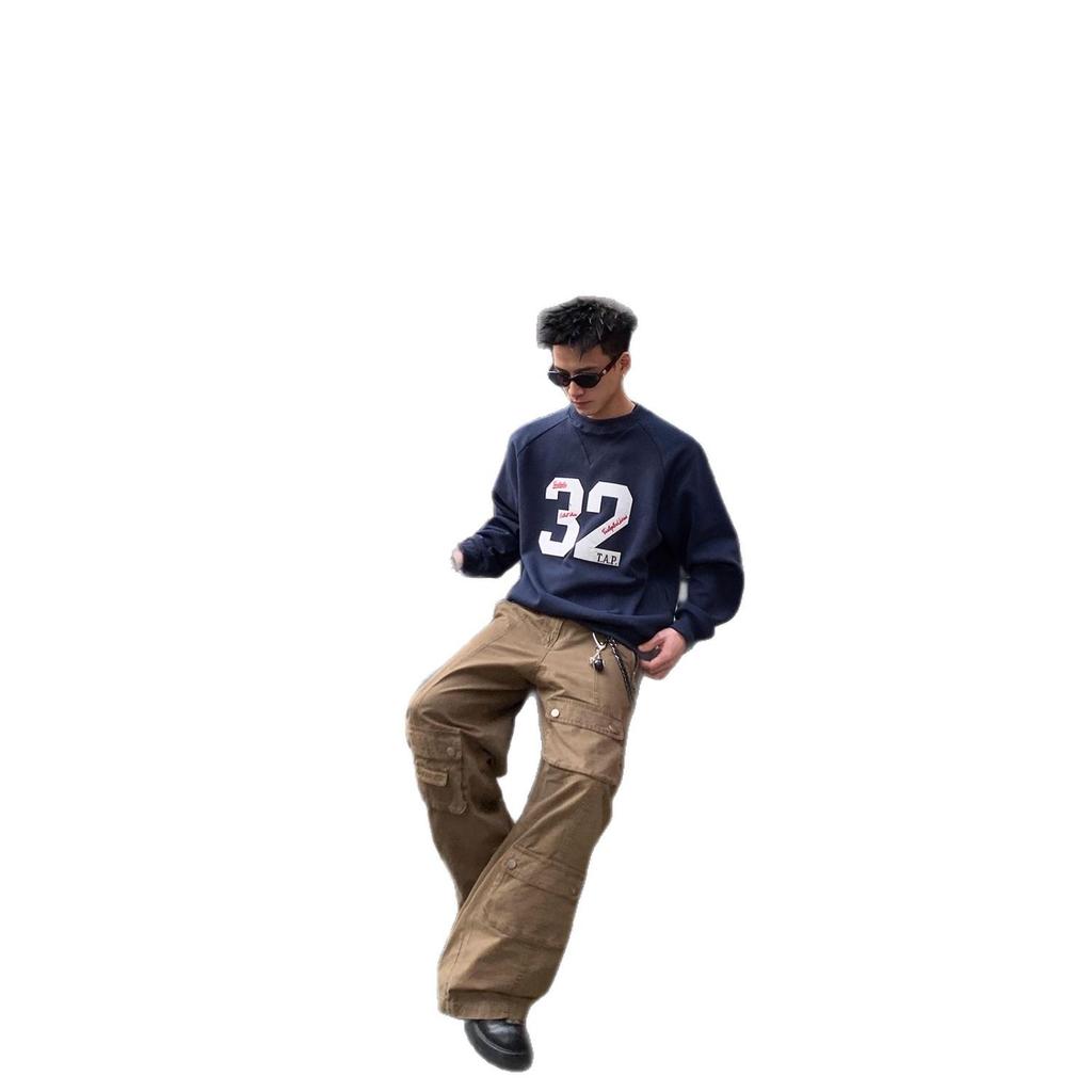Men's Retro Number Patchwork Embroidered Sports Hoodie - Loose Fit, Round Neck, Versatile for Spring & Autumn