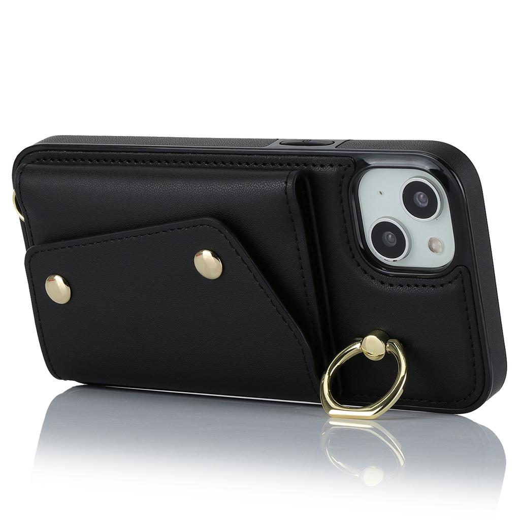 For iPhone 15 Zipper Wallet Phone Case PU Leather+TPU Ring Kickstand Back Cover with 2 Straps
