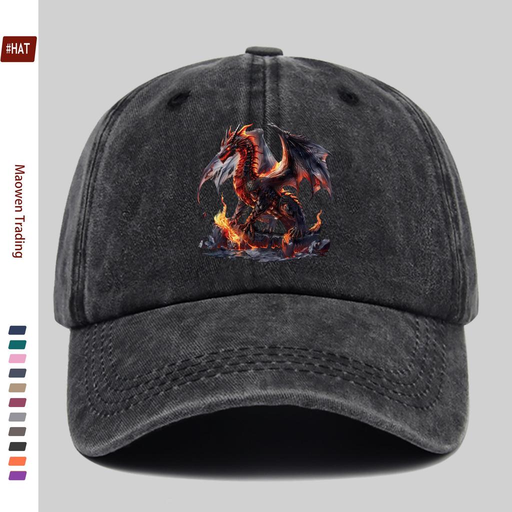 Pc Baseball Cap with Red Dragon Standing On Flaming Rock Pattern Print Fashionable Casual Fire Dragon Print Design Golf Cap H