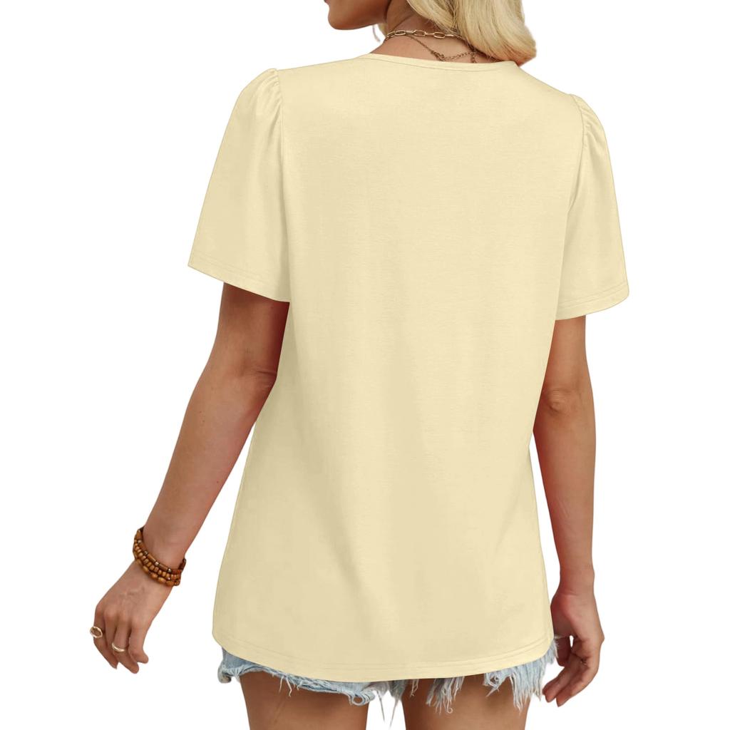 Women's Casual Fashion Round Neck Color Pleated Short Sleeve T,shirt Top