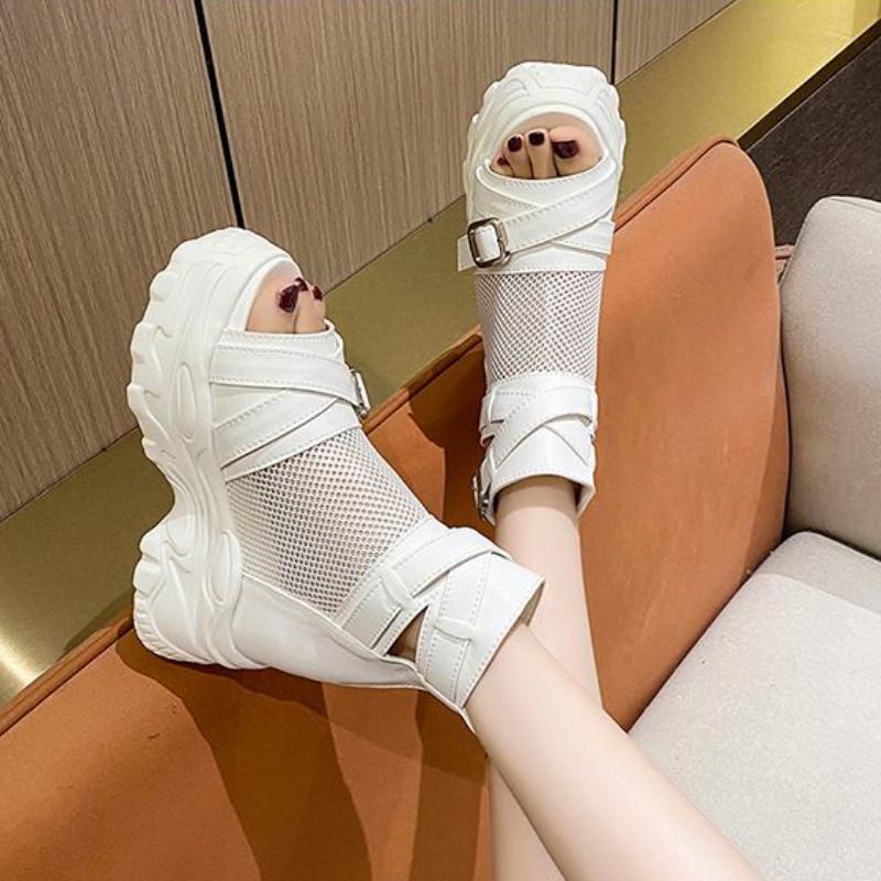 Dámské sandály Dámské módní černé sandály prodyšné síťované 6cm podpatky boty na platformě s přezkou sandály Dámské sandály na zip