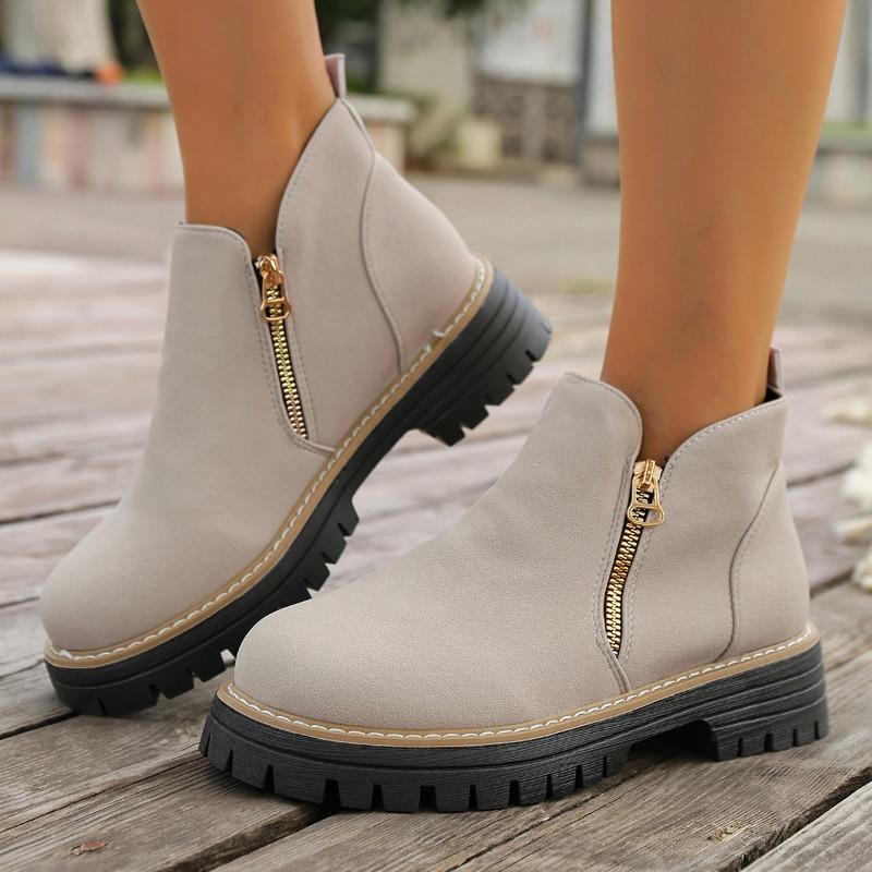 Damen Stiefeletten mit runder Zehenpartie in Überweite, Martin Boots mit Blockabsatz und Reißverschluss an der Seite, Herbst Winter Kurzstiefel für Damen