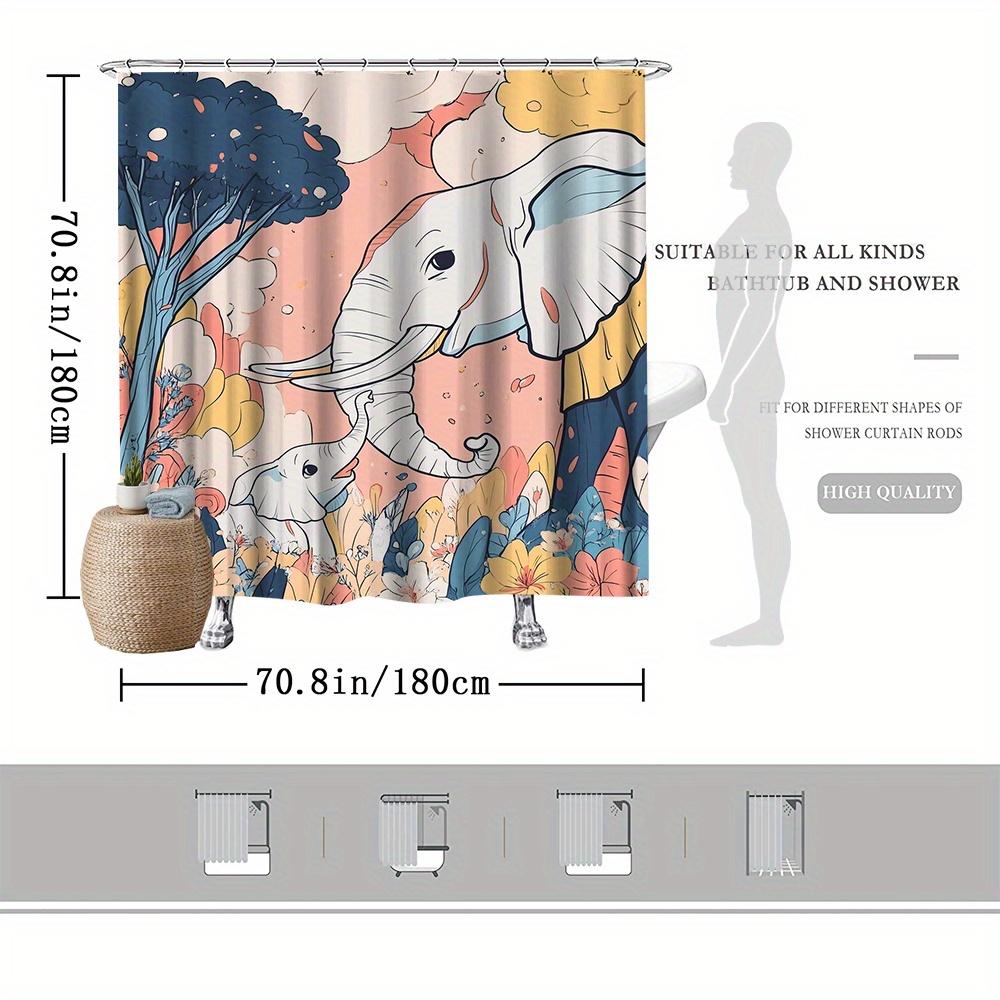 Elephant Family Shower Curtain, Illustrative Design with Calf, Floral & Pastel Colors, Fade-Resistant Polyester,Bath Decor