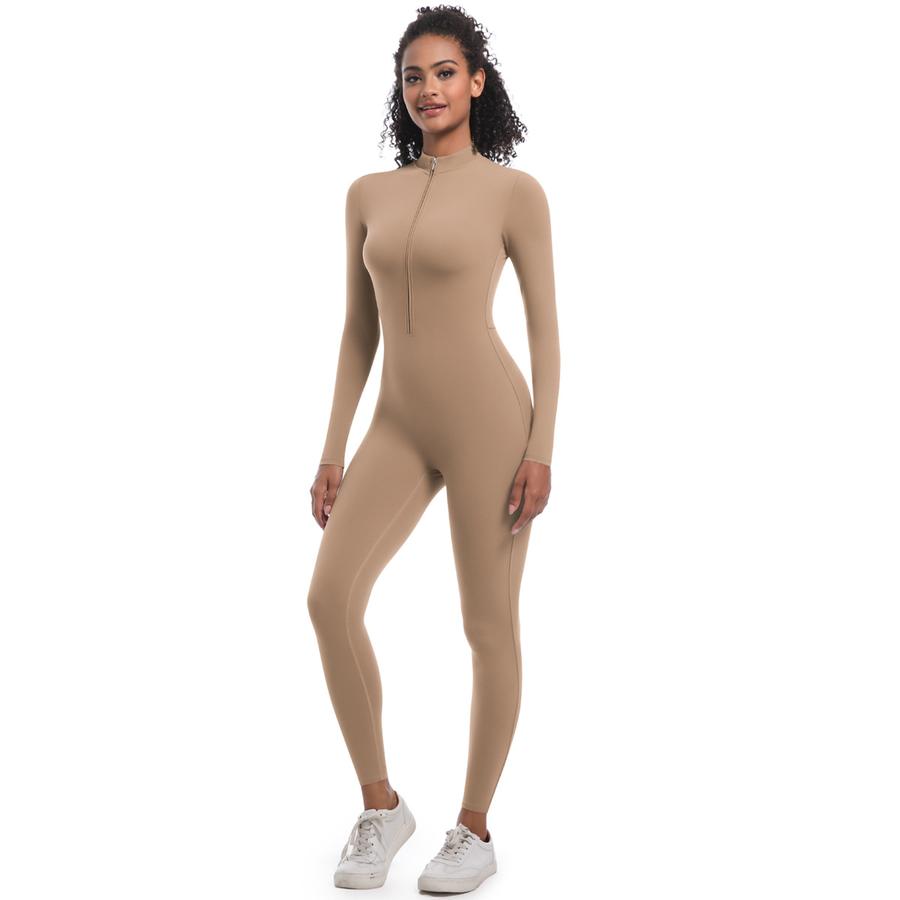 New Style Halter Zip Slim Fit Solid Color High Elastic Long Sleeve Yoga Suit Athletic Running Workout Bodysuit