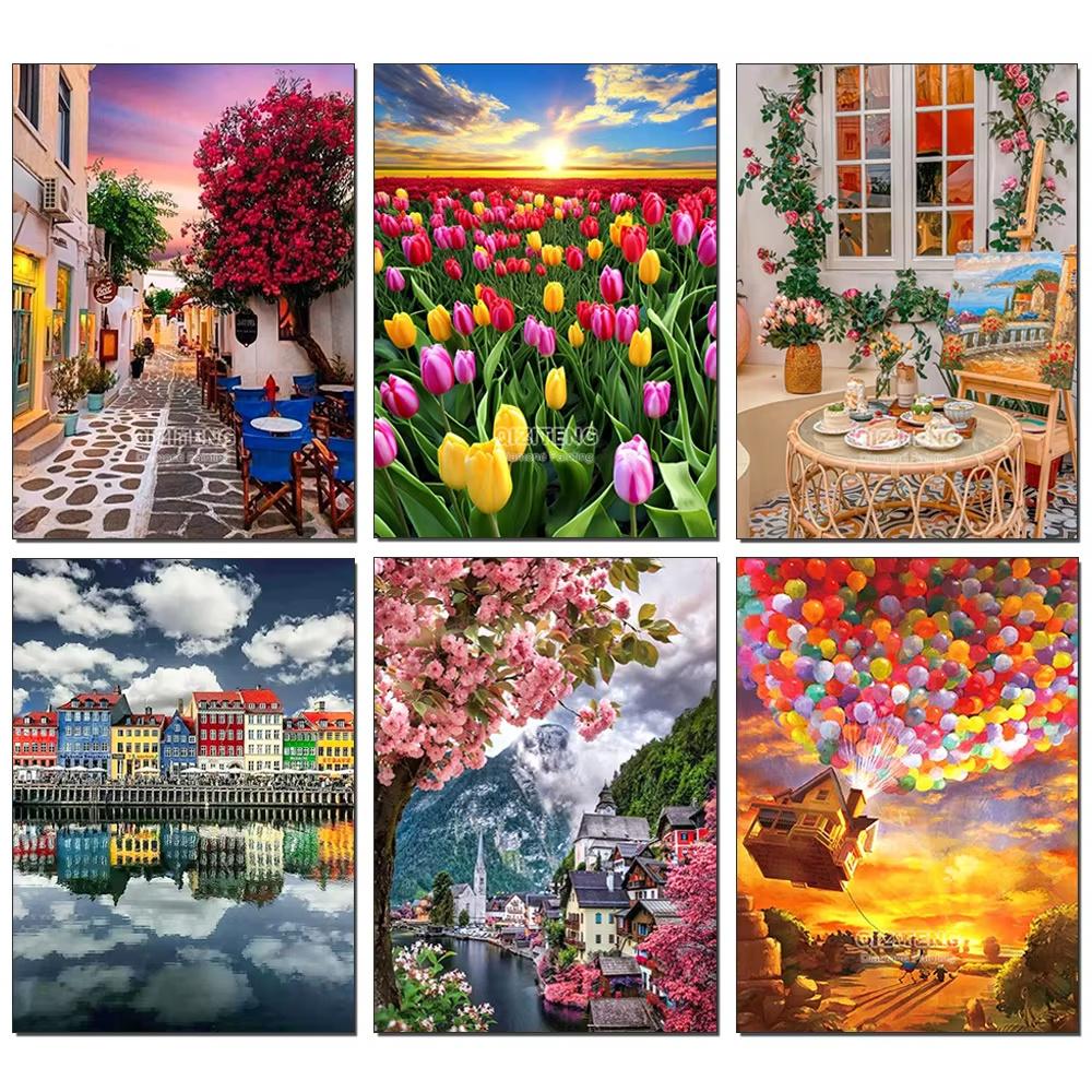 

Floral Landscape 5D DIY Diamond Painting Kit City Street Scene Diamond Embroidery Painting Full Drills Mosaic Home Decor Gifts Round 20x30cm