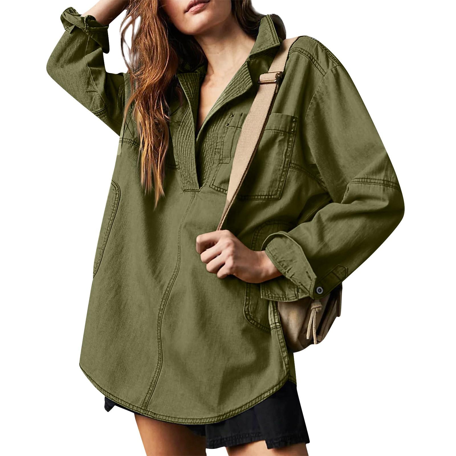 

Жіночий джинсовий пуловер, повсякденна блузка з V-подібним вирізом на ґудзиках, вільна джинсова куртка з довгим рукавом і кишенею M