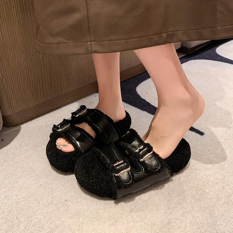 Platform-soled Boken shoes 2025 autumn and winter new Korean version of one-word fluffy slippers women wear flat-soled Boken velvet cotton shoes