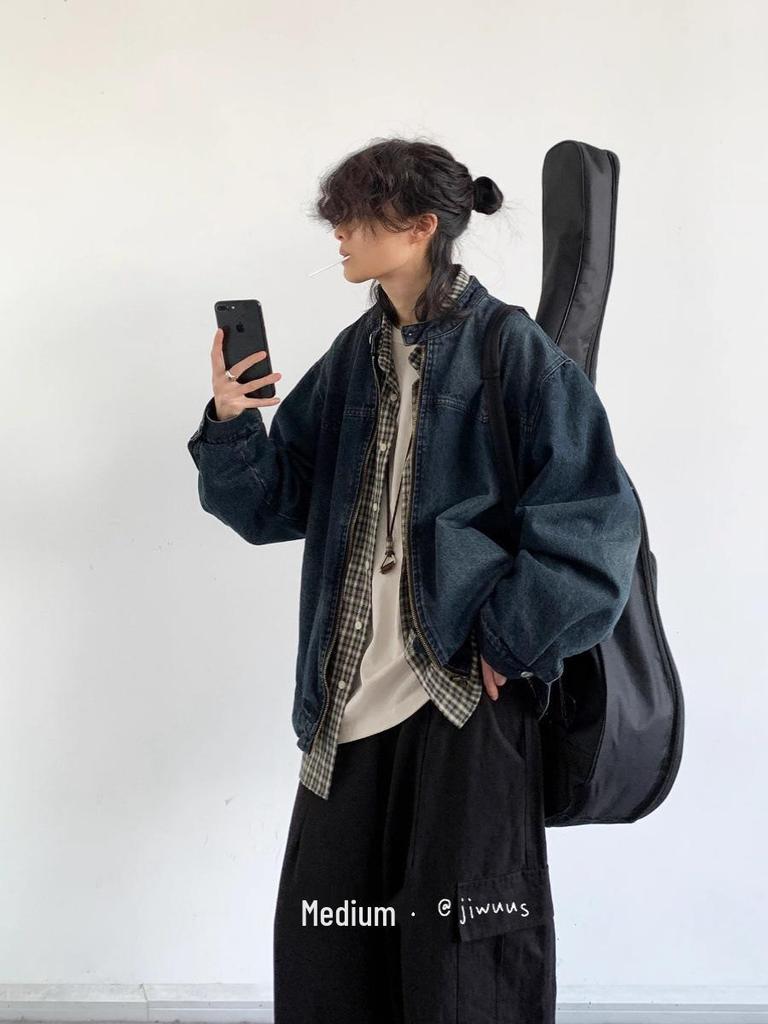 Pánská japonská retro distressed džínová bunda na jaro a podzim - Ležérní, volný střih pro páry