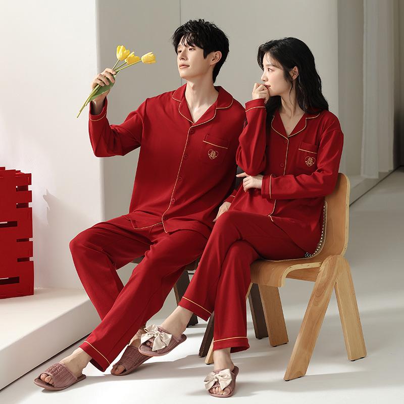 Pajamas wedding newlywed couple suit red natal spring and autumn pure cotton long-sleeved autumn couple suit men and women