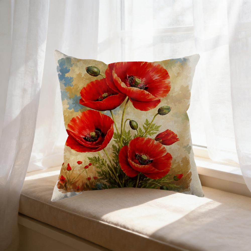 Tonnika Chen Unisex Red/Green Poppy Flower Decorative Throw Pillow Floral Print With Leaves And Seeds For Living Room Bedroom