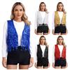 Womens Shiny Club Vest Sequin Tassel Sleeveless Glitter Waistcoat Allover Sequin V Neck Open Front Dance Festival Top