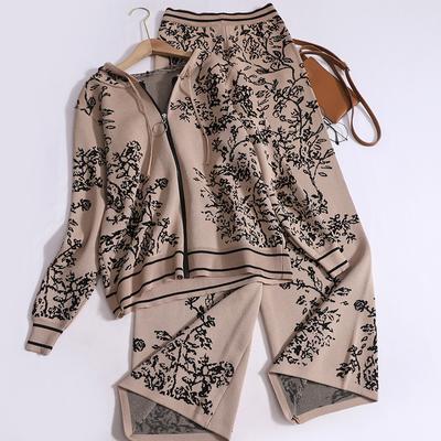 Damen Sportanzug Langarm Reißverschluss Kapuzenjacke Elastisches Band Hohe Taille Weite Beinhose Herbst Winter Lässiger Jacquard Strickanzug