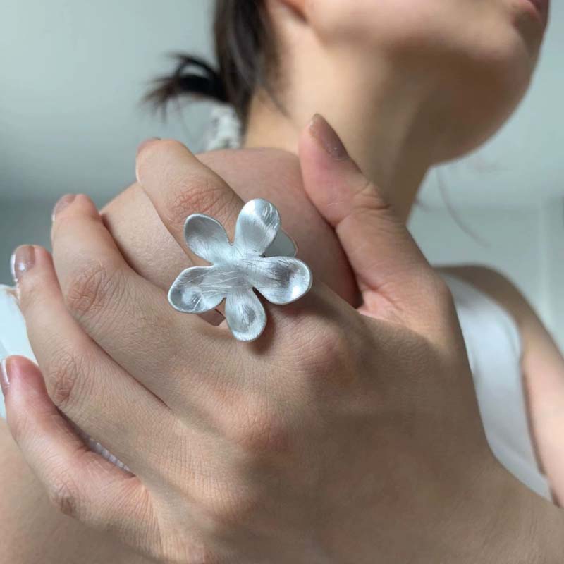 Korean Silver Flower Open Rings For Women Vintage Metal Adjustable Finger Handmade Ring Jewelry Birthday Gift