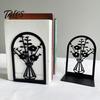 Office Desk Organizer 1 Pair Flower Metal Bookends, Decorative Vase Book Ends for Artistic Bookend Shelves, Black Holder Stopper Home Reading