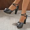 Plus Size Bow Side Hollow Platform Ultra High Thick Heel Sweet Cute Sandals Ankle Cross Fine Strap Pearl Buckle Sandals 2025